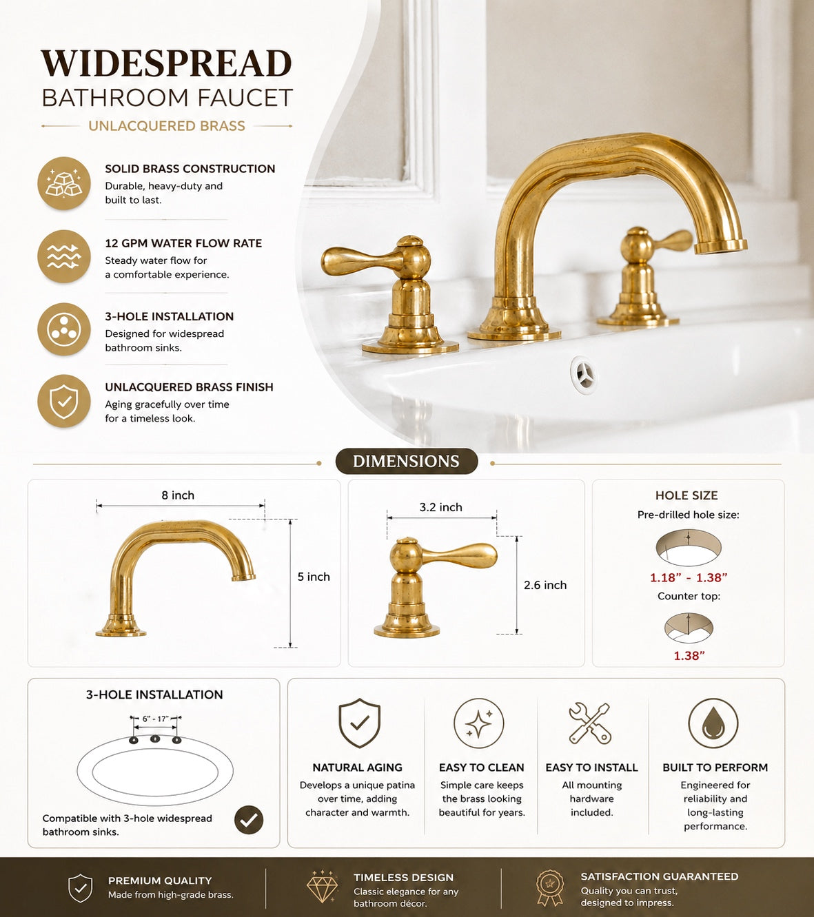 Brass Sink Faucet Widespread Bathroom Faucet Lever Handles Unlacquered Brass