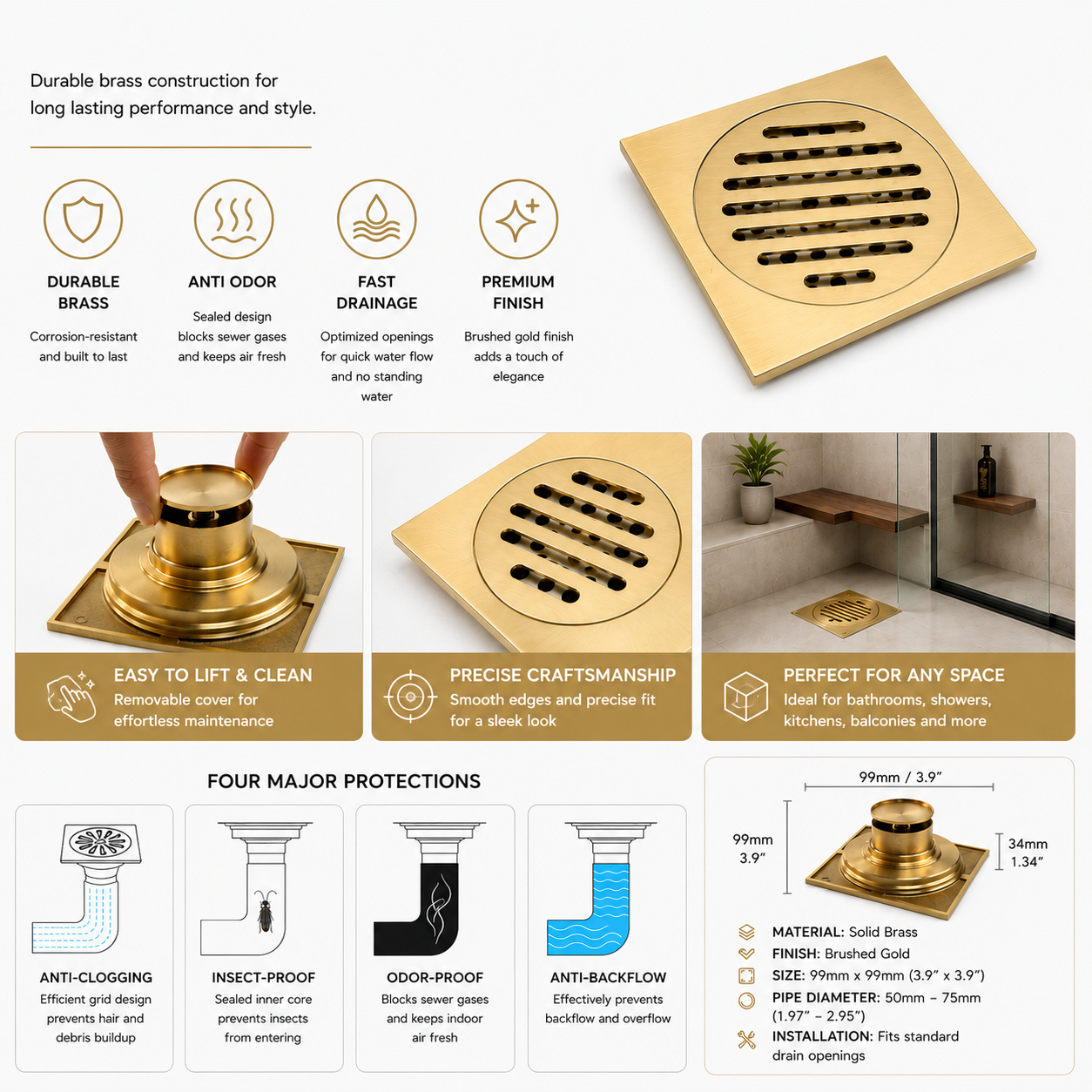 Brass Shower Floor Drain with Removable Strainer Cover