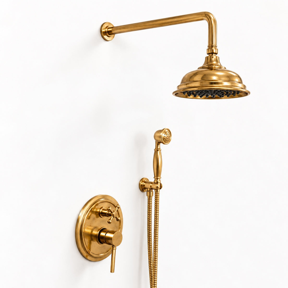 Installed brass shower arm with rain shower head, shown for context