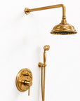 Installed brass shower arm with rain shower head, shown for context