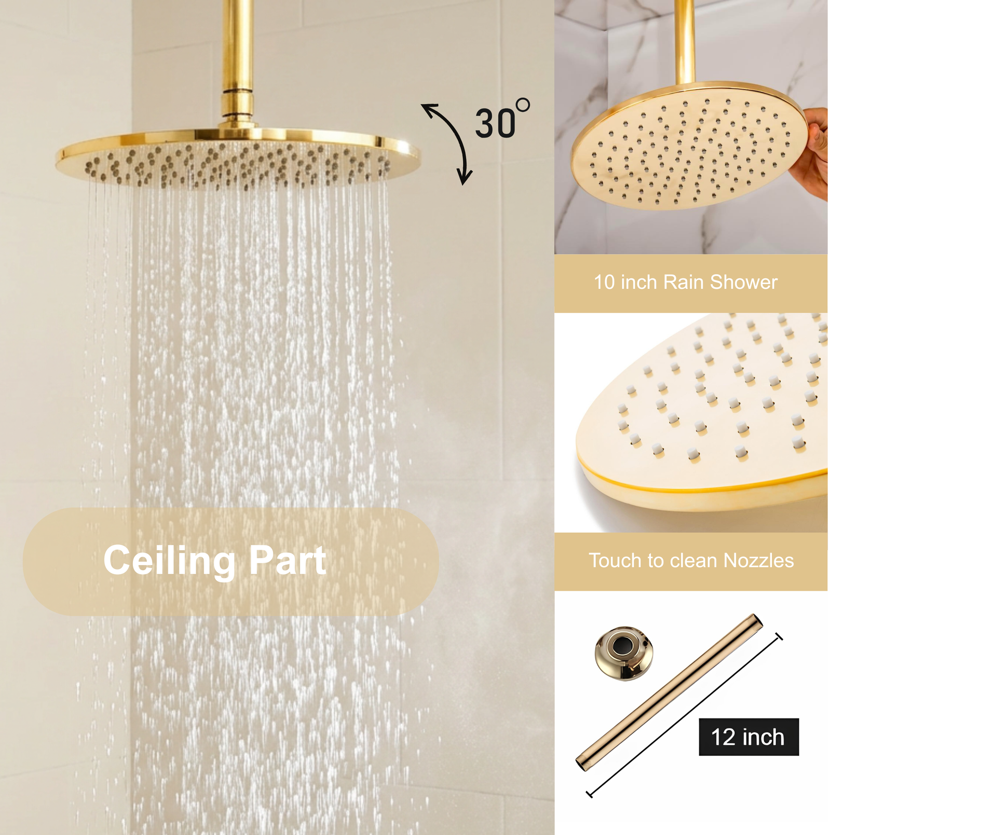 Unlacquered Brass Shower System – Dual Rain Shower with Ceiling Head &amp; Handheld Set