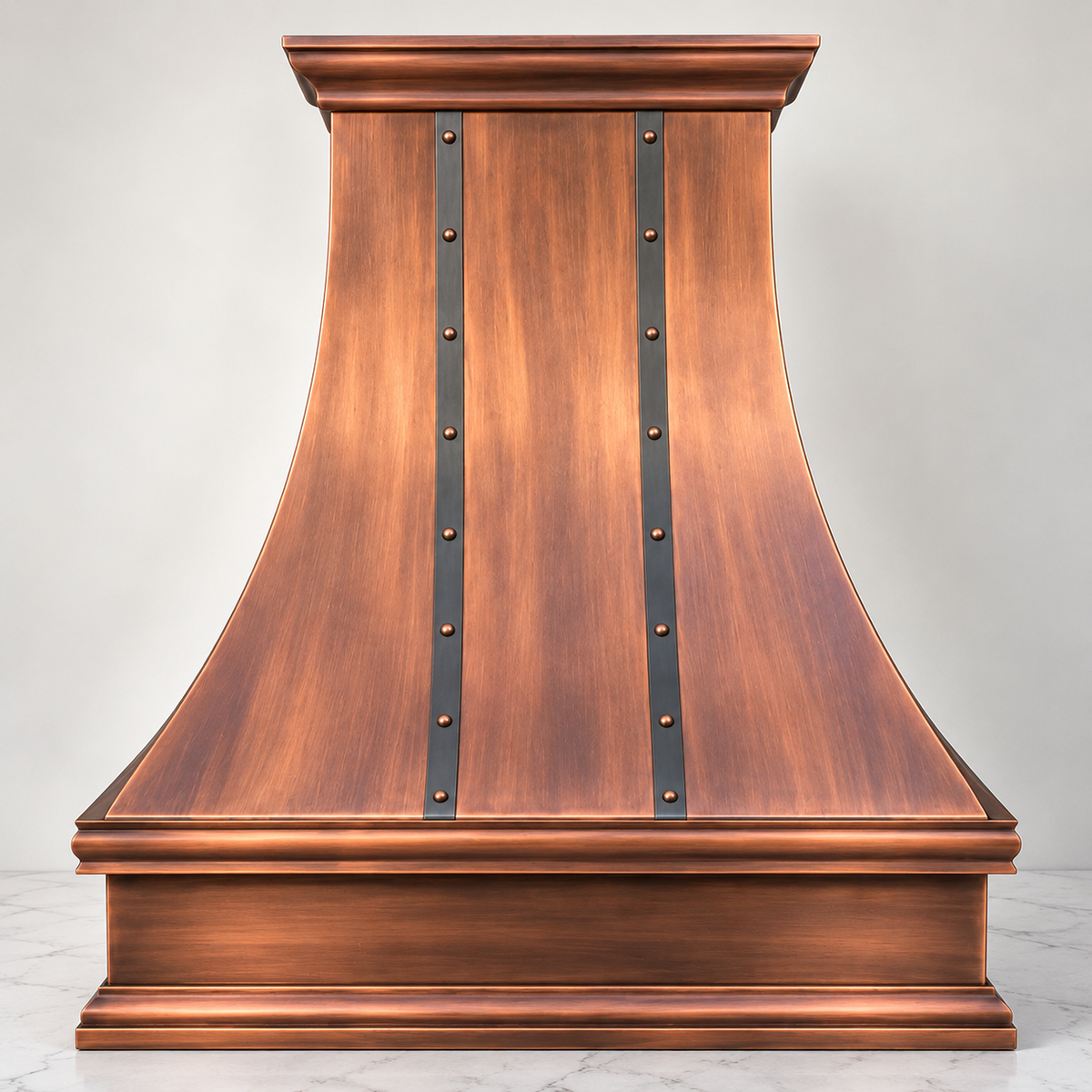 Hand-formed 16-gauge copper French bell range hood by Brasslik