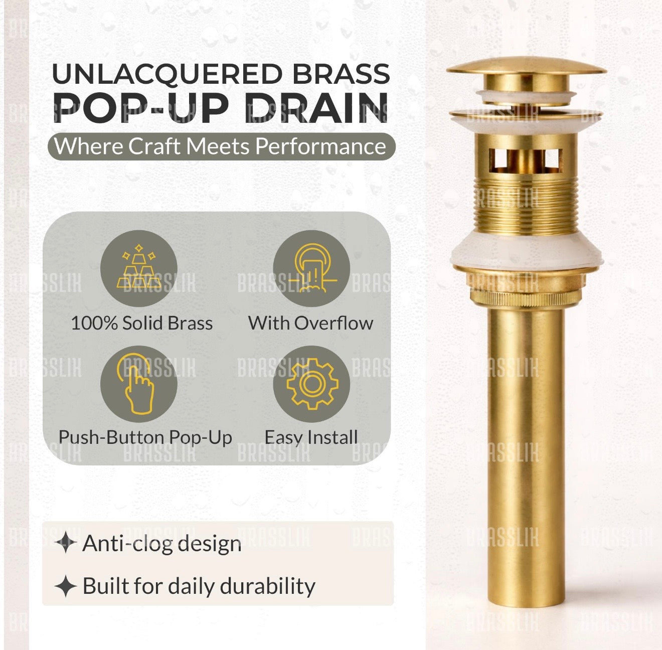 Bathroom Sink Pop-Up Drain with Overflow – US Standard, Unlacquered Brass