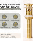 Bathroom Sink Pop-Up Drain with Overflow – US Standard, Unlacquered Brass