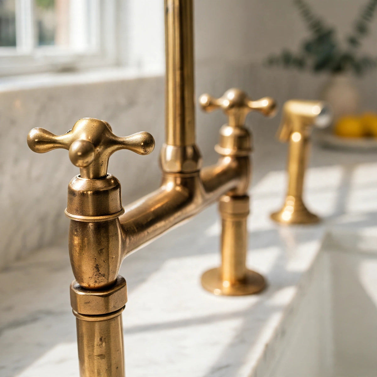 Unlacquered Brass Bridge Kitchen Faucet with Side Sprayer and Drinking Water Tap