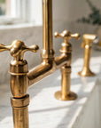 Unlacquered Brass Bridge Kitchen Faucet with Side Sprayer and Drinking Water Tap