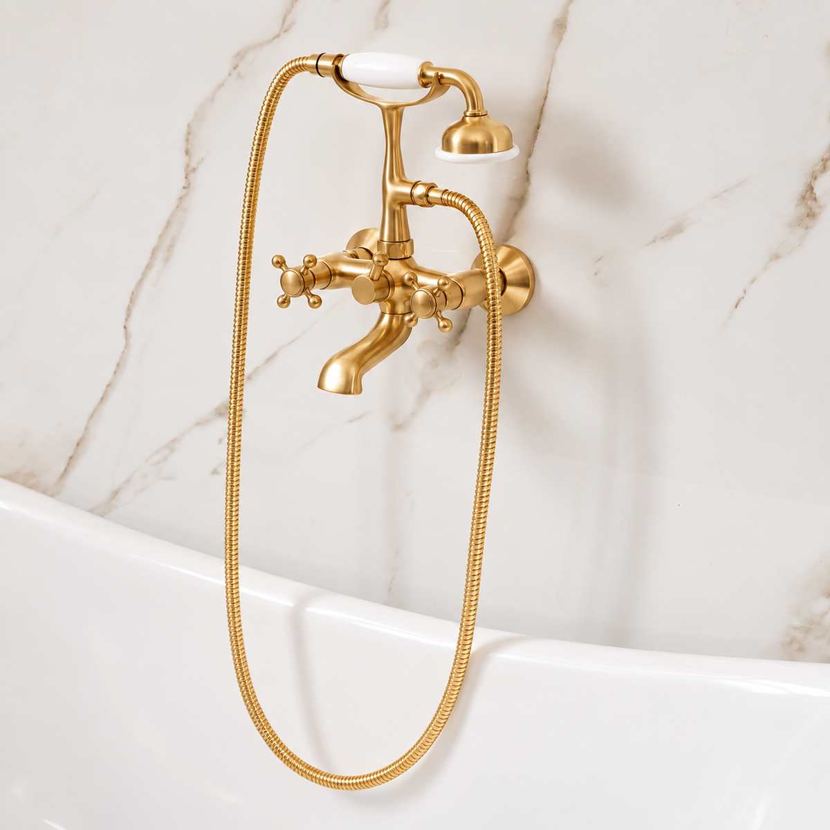 Bespoke Bathtub Wall Mount Filler with Handheld - Unlacquered Brass