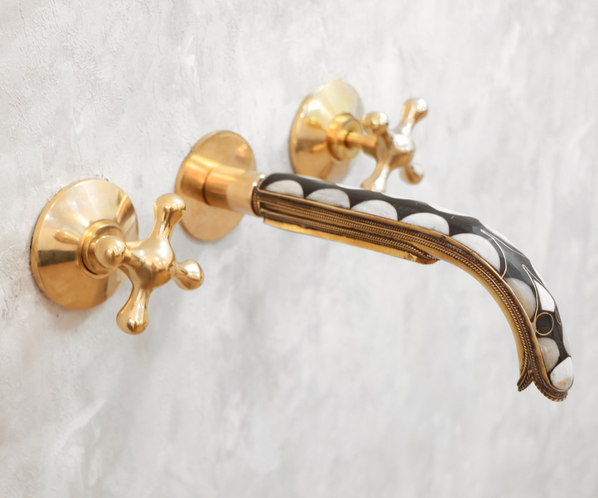 Handcrafted Wood &amp; Brass Wall Mounted Faucet