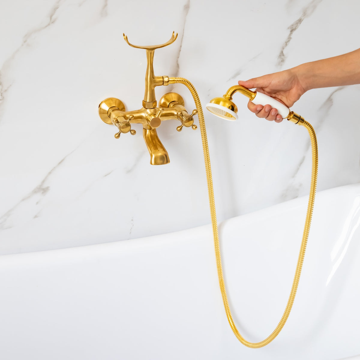 Bespoke Bathtub Wall Mount Filler with Handheld - Unlacquered Brass