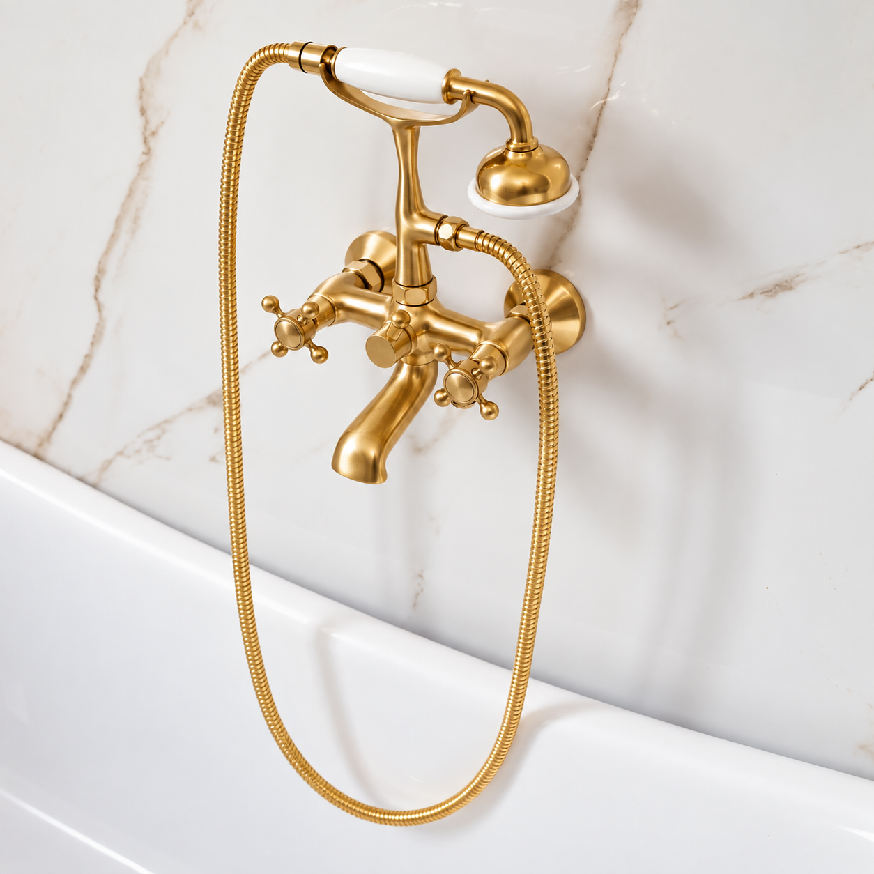 Bespoke Bathtub Wall Mount Filler with Handheld - Unlacquered Brass