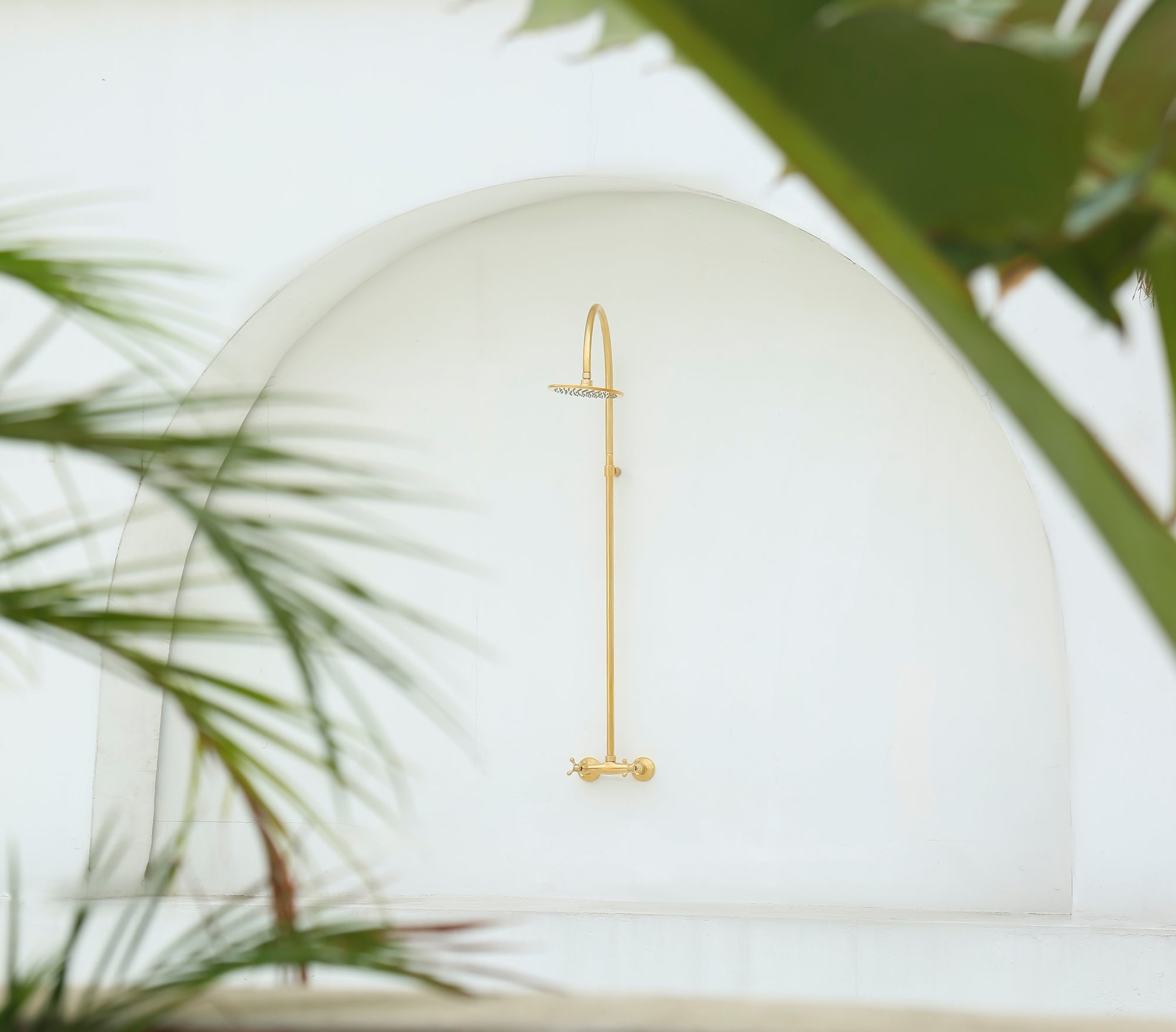 Whitney Exposed Pipe Wall Mount Shower with Rainfall Shower Head – Unlacquered Brass