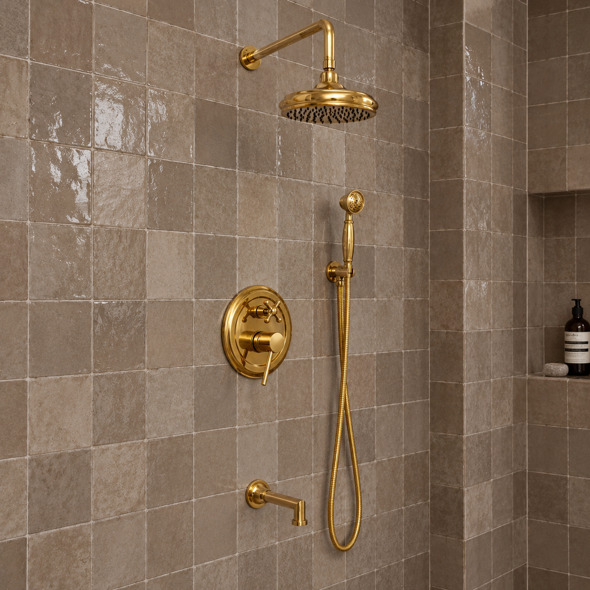 Shawnee Shower Combo with Handheld and Tub Spout – Unlacquered Brass