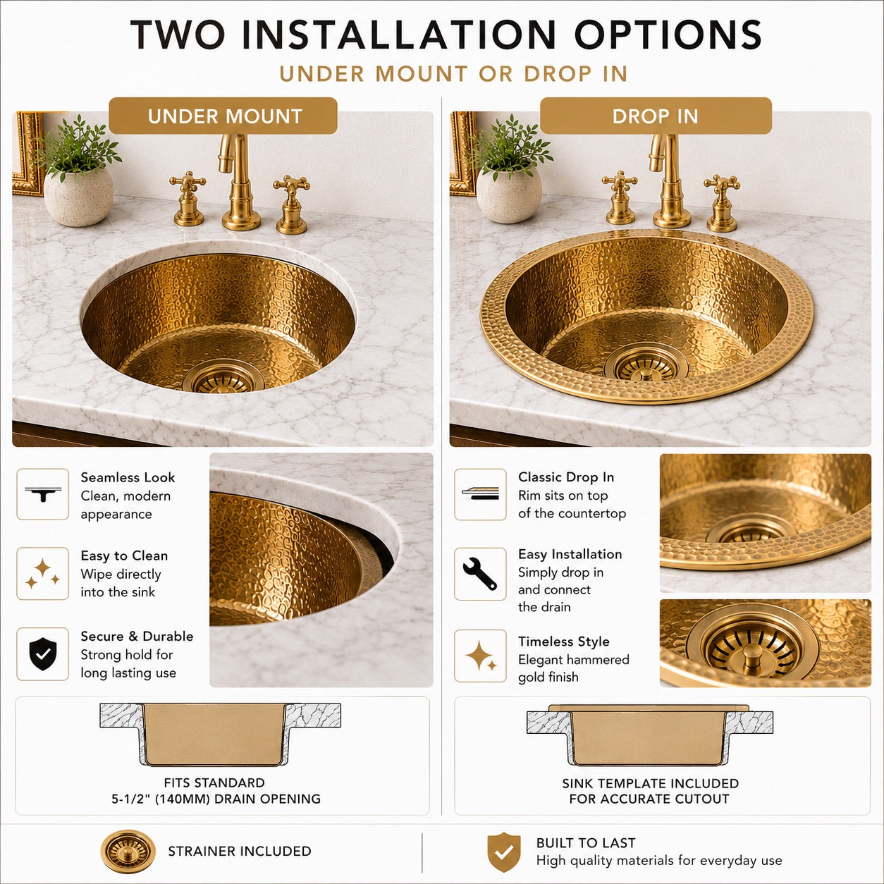 Hammered Unlacquered Brass Round Bar Sink