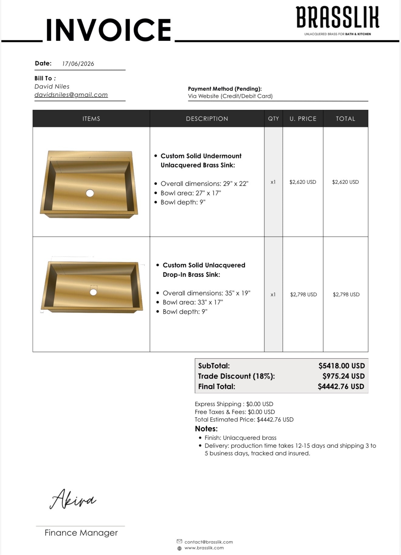 Custom Unlacquered Brass Kitchen Sink