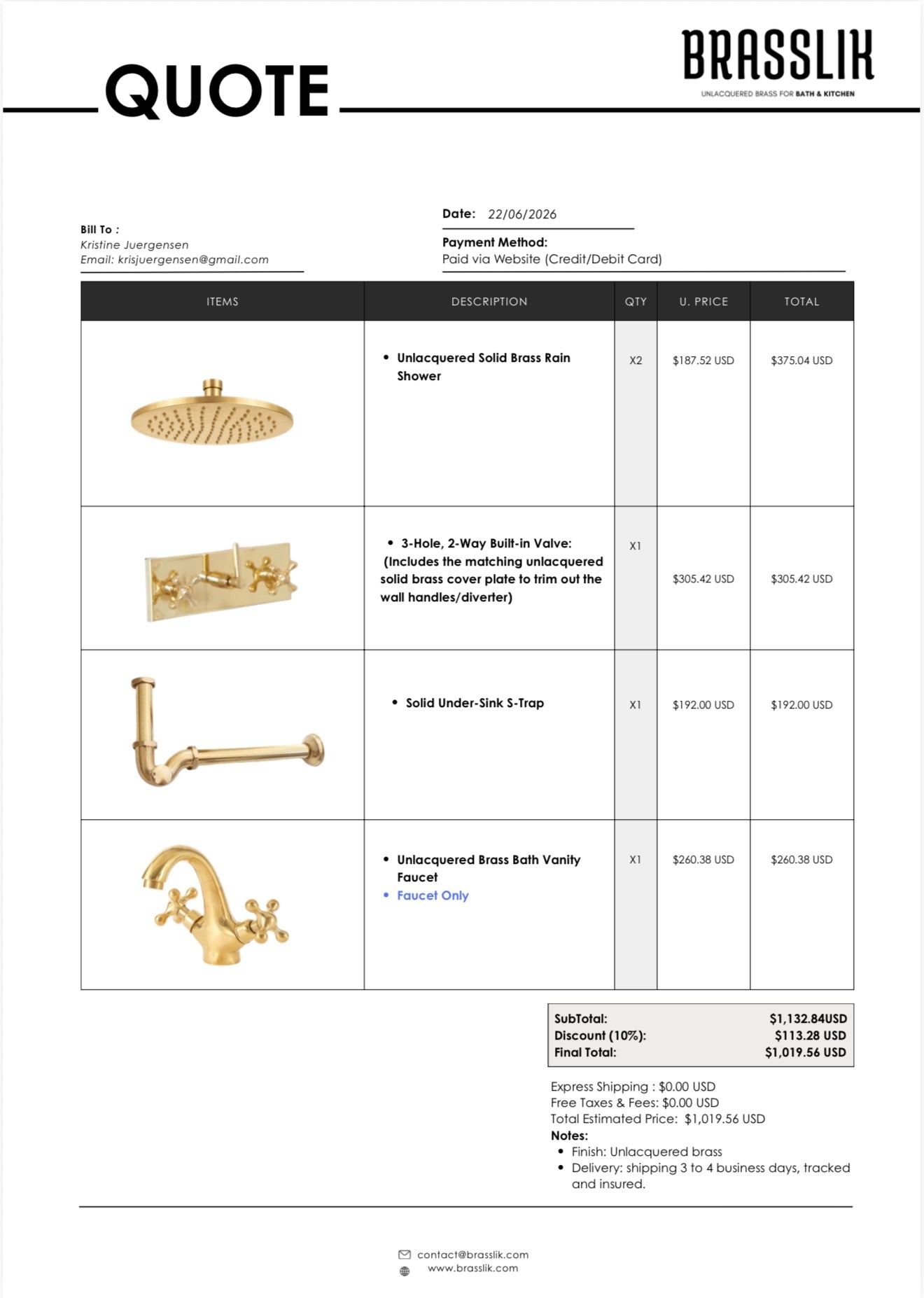 Custom Order – Unlacquered Solid Brass Bathroom Fixtures