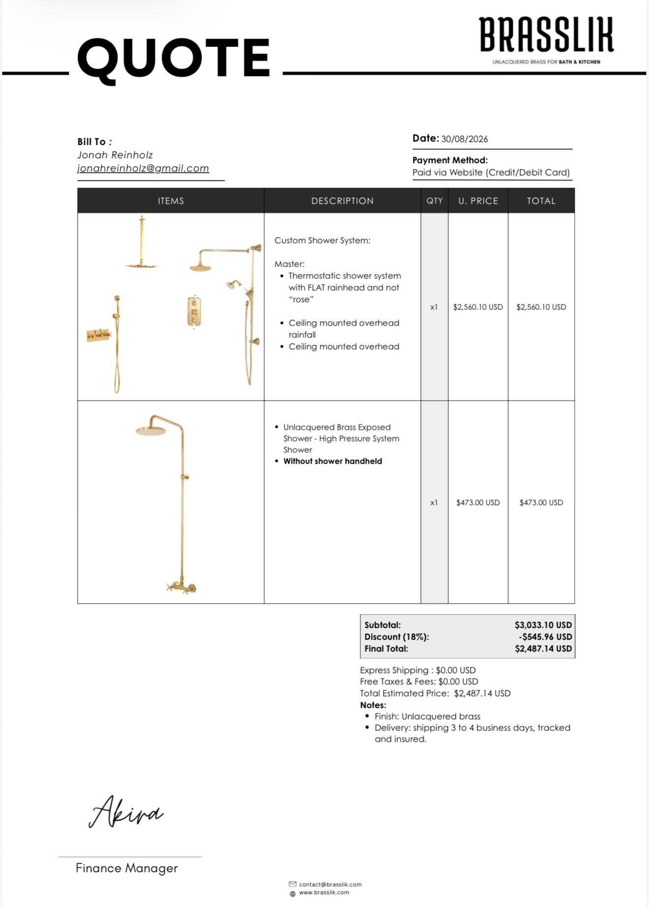 Custom Shower System — Unlacquered Brass