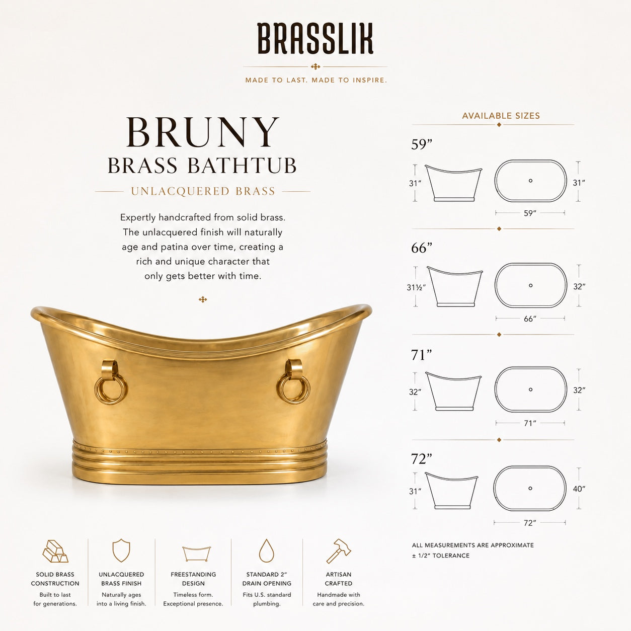 Unlacquered Brass Bruny Bathtub