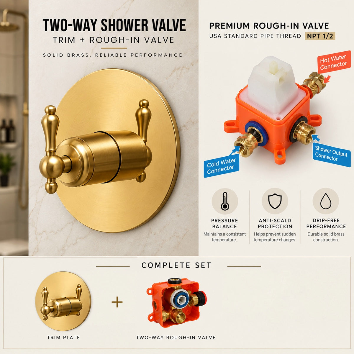 The Brasslik Single Function Shower - Unlacquered Brass