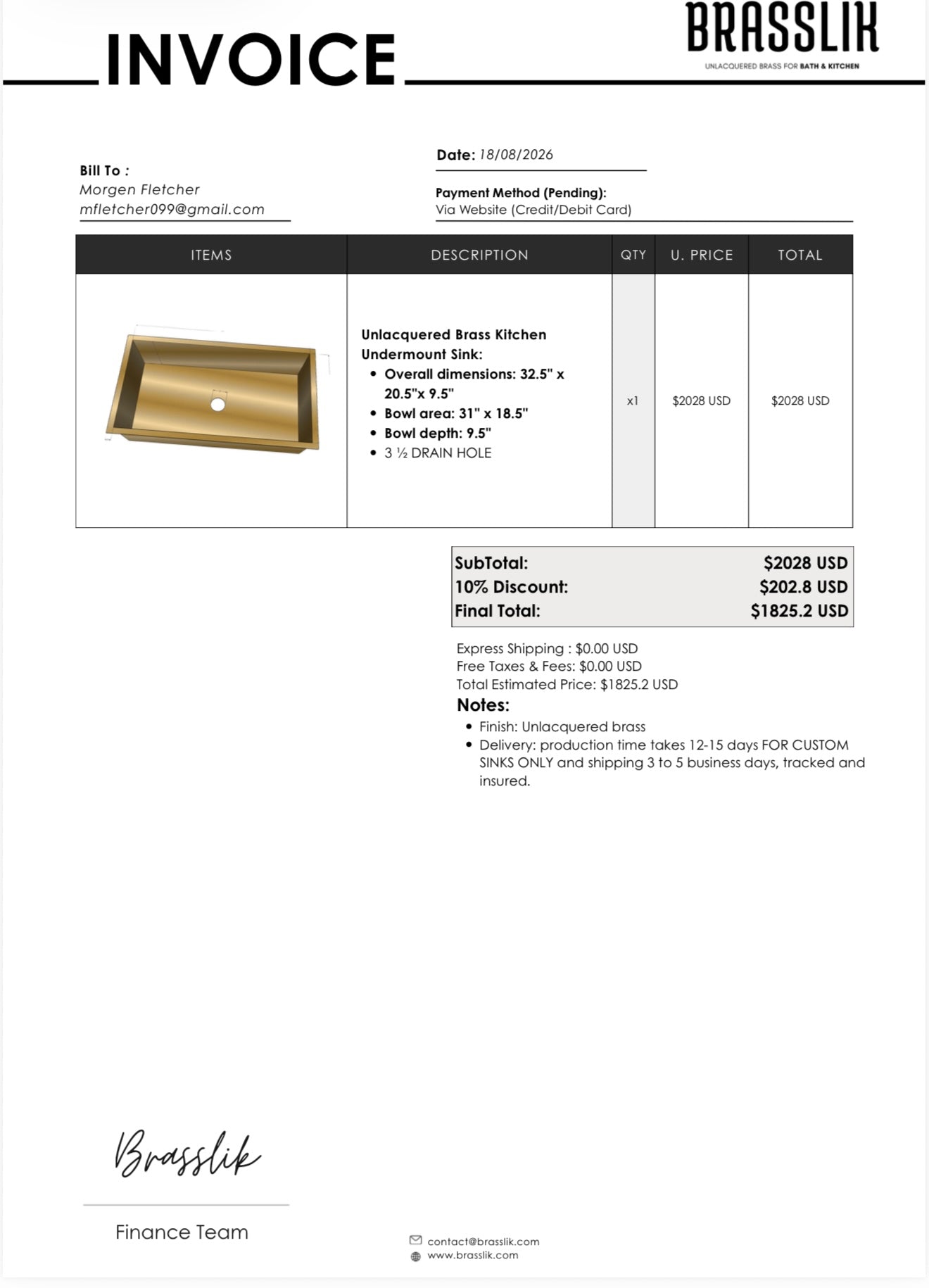 Custom Order – Unlacquered Brass Kitchen Undermount Sink
