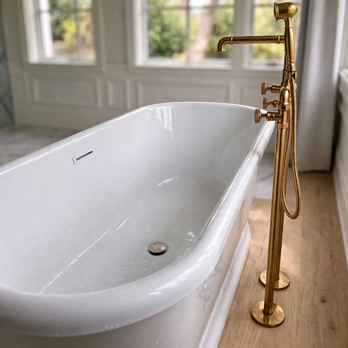 Lewistown Tub Filler with Hand Shower – Unlacquered Brass