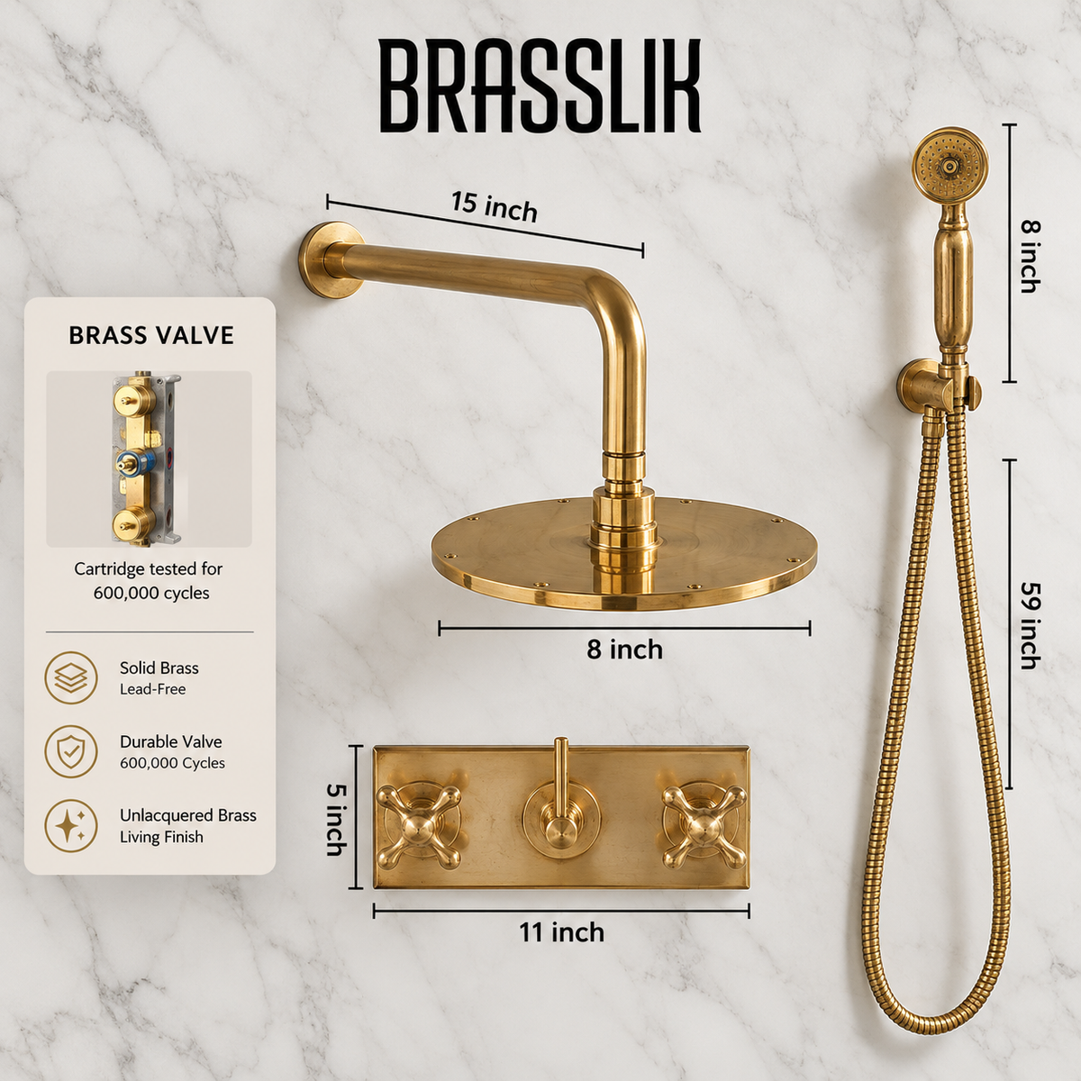 Handcrafted unlacquered brass Oasis shower set