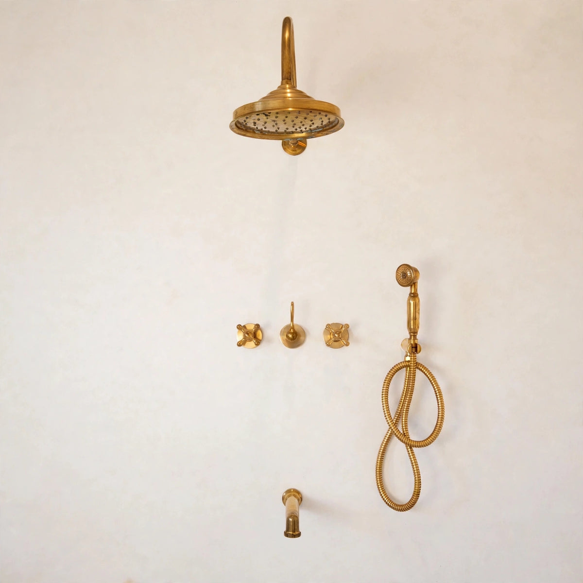Santorini shower set in unlacquered brass