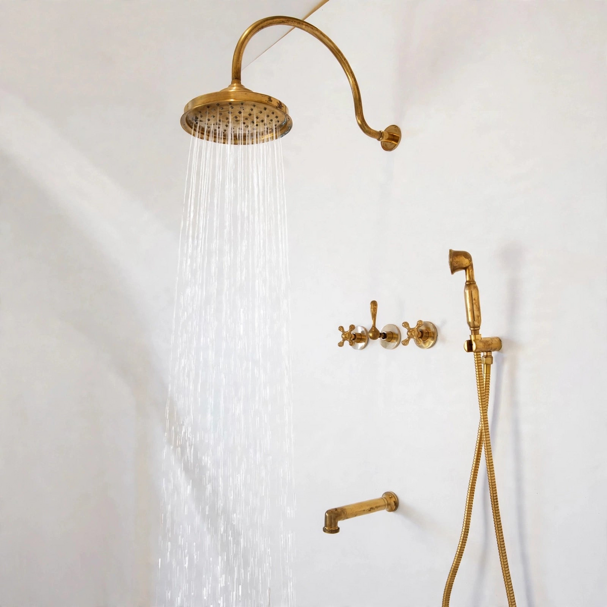 Santorini unlacquered brass shower set by Brasslik