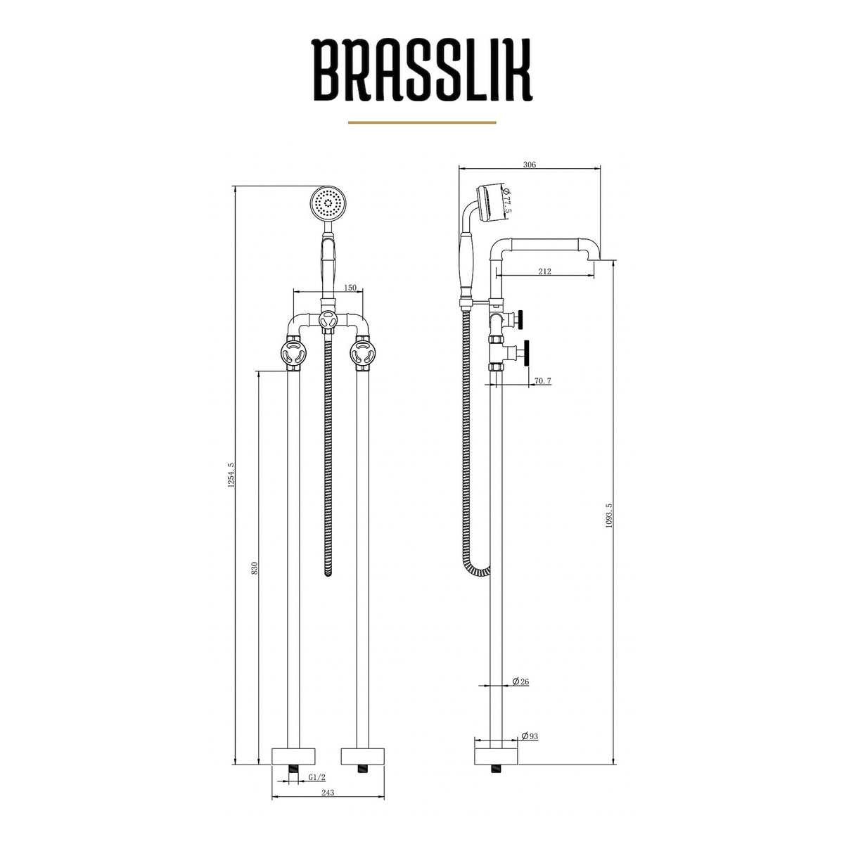 Lewistown Tub Filler with Hand Shower – Unlacquered Brass