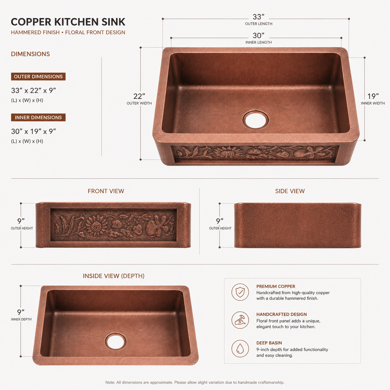 Antique Copper Farmhouse Kitchen Sink - Hammered