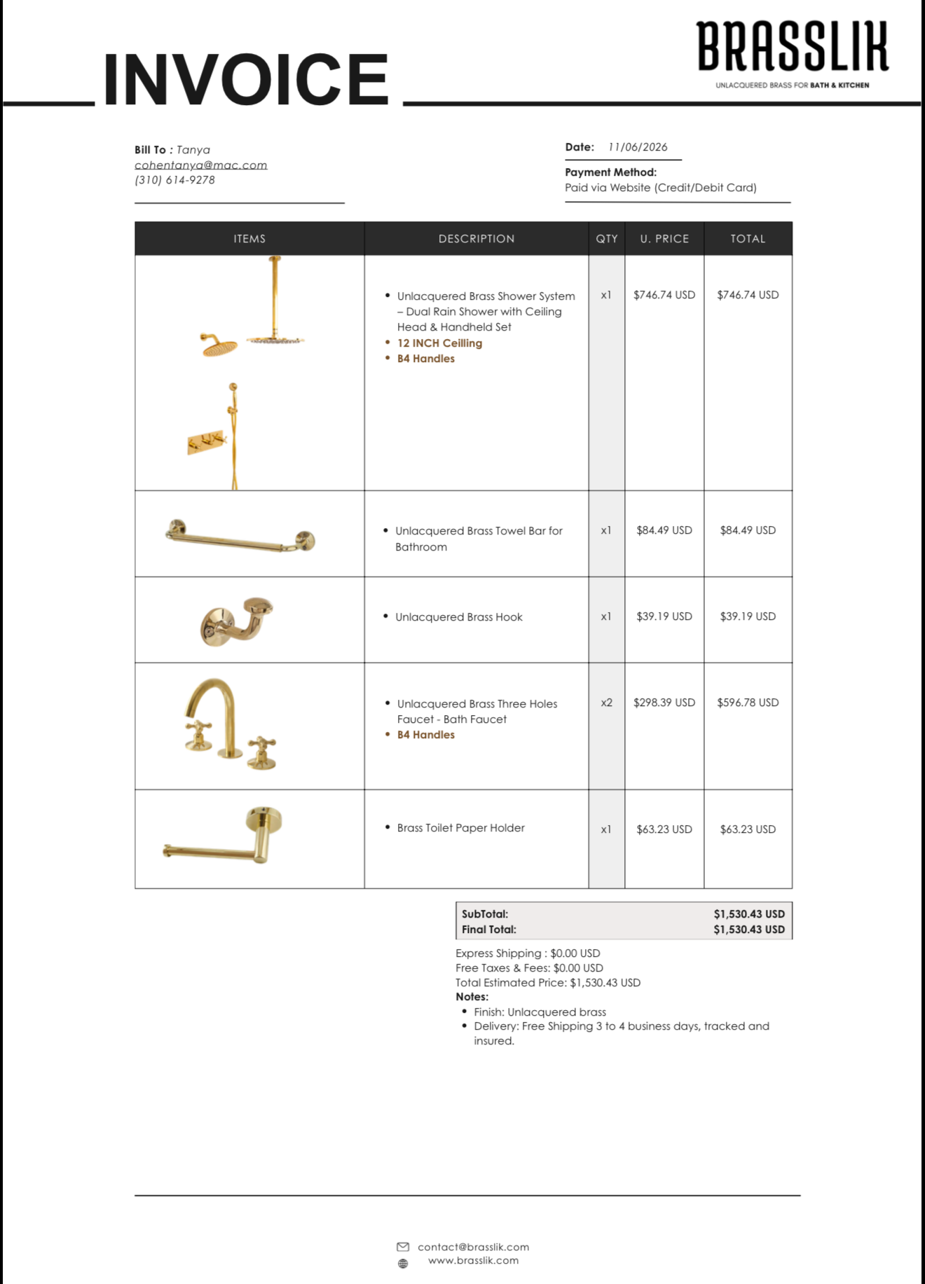Custom Order – Tanya | Unlacquered Brass Bathroom Collection