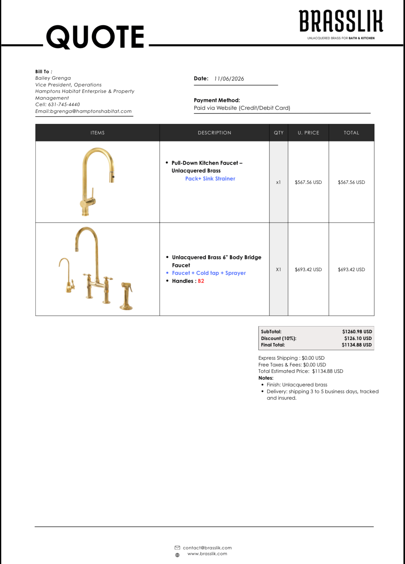 Custom Order – Bailey Grenga | Unlacquered Brass Kitchen Faucet Collection