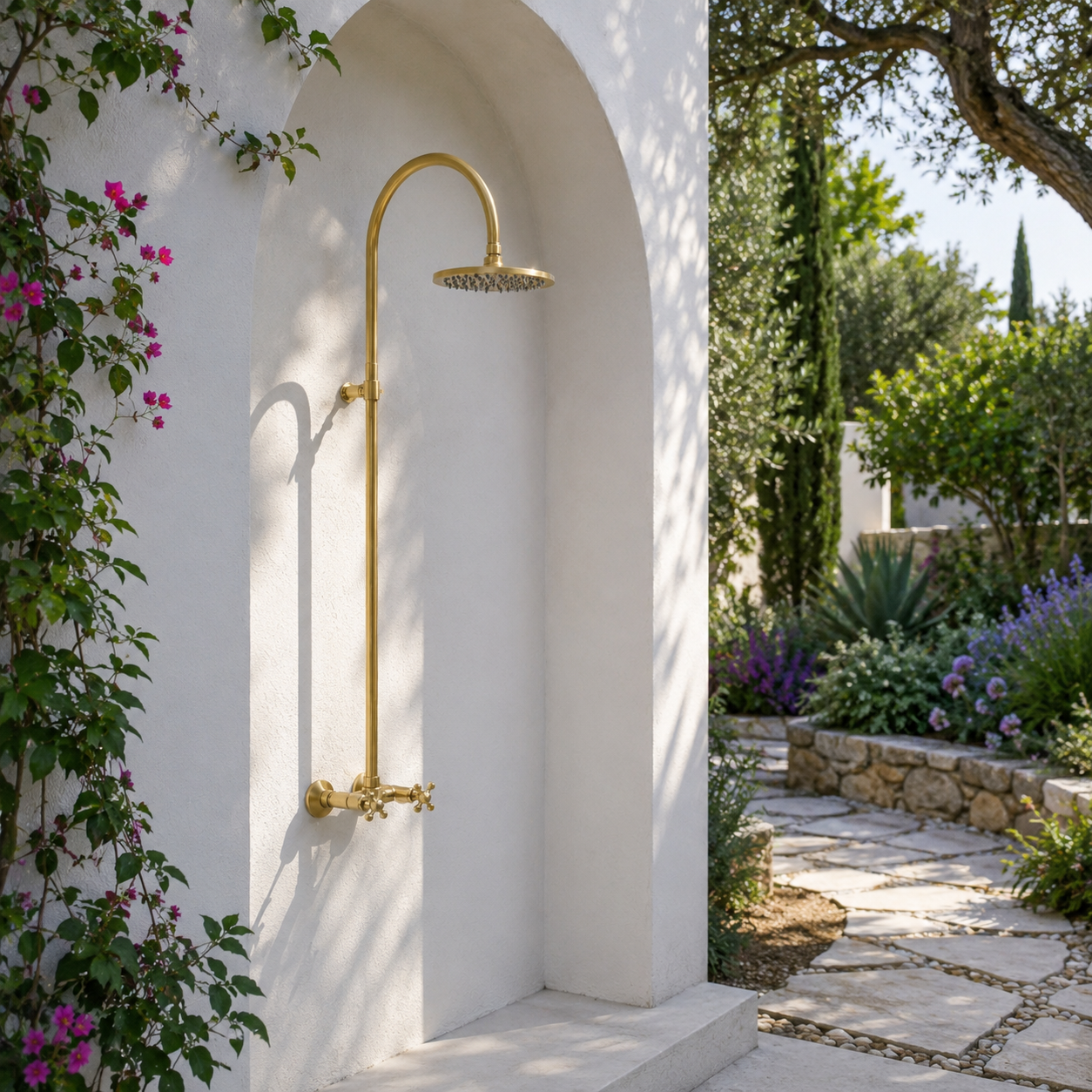 Whitney Exposed Pipe Wall Mount Shower with Rainfall Shower Head – Unlacquered Brass