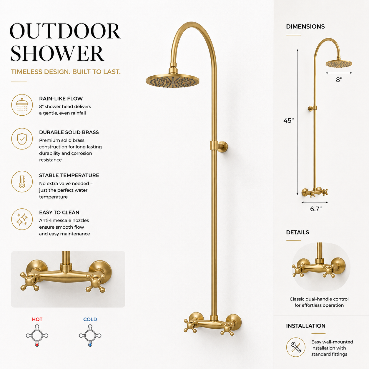 Whitney Exposed Pipe Wall Mount Shower with Rainfall Shower Head – Unlacquered Brass