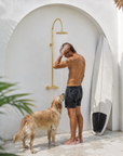 Whitney Exposed Pipe Wall Mount Shower with Rainfall Shower Head – Unlacquered Brass