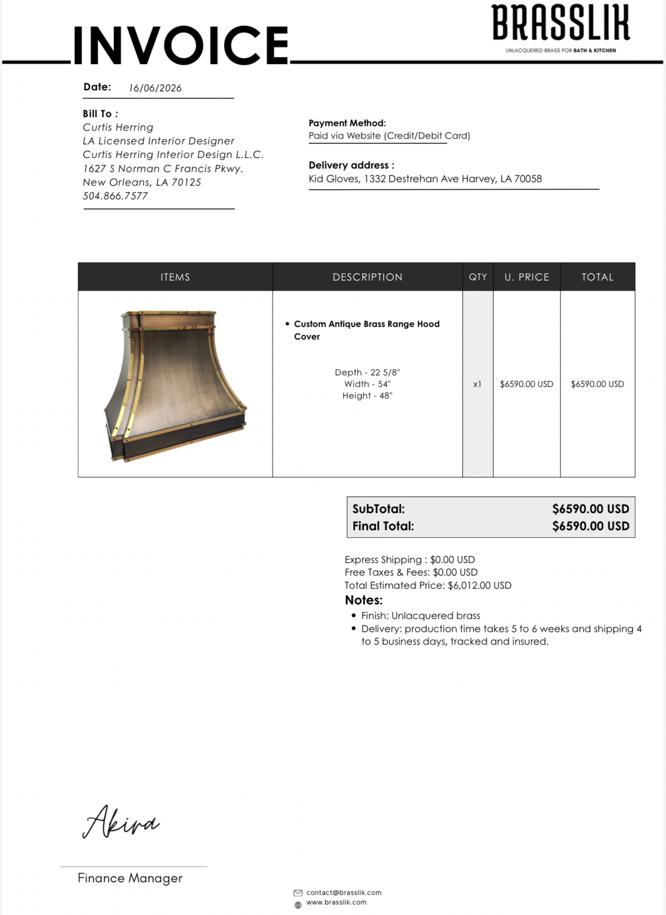 Custom Antique Brass Range Hood Cover