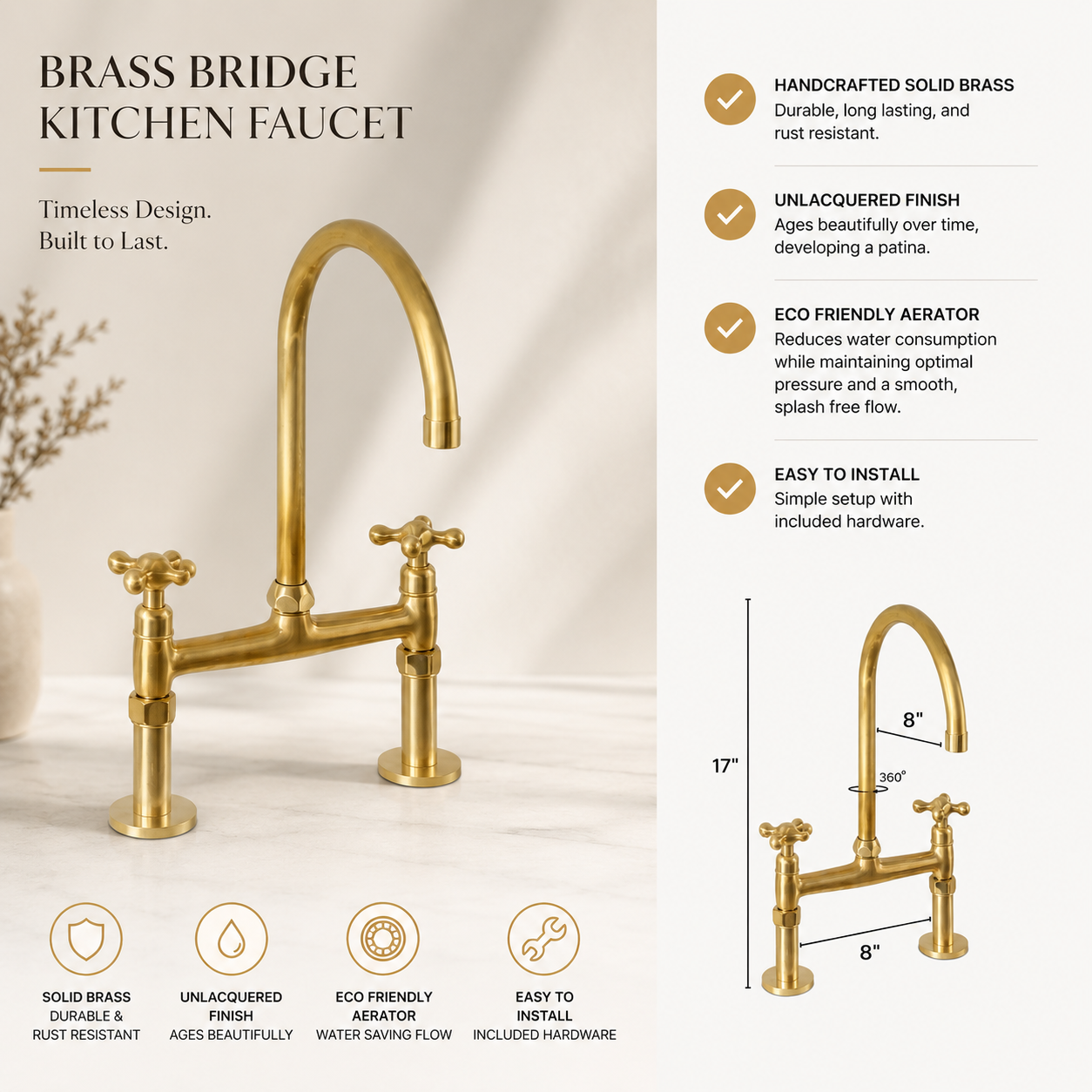 Unlacquered Brass Bridge Faucet | Antique Brass Kitchen Faucet