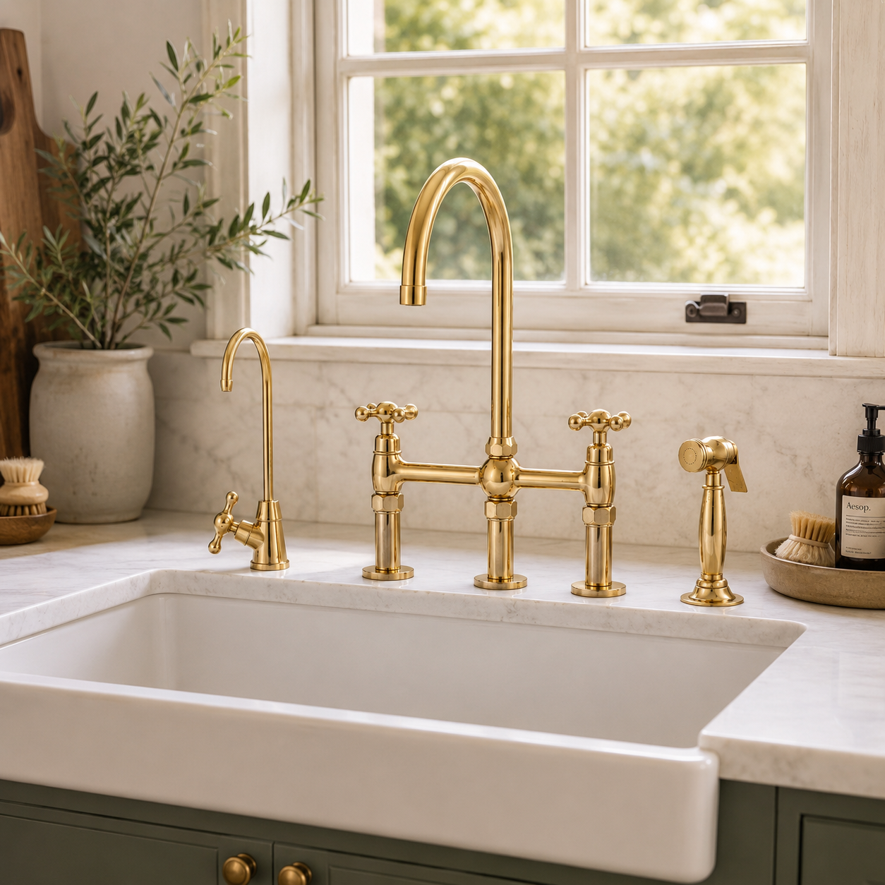 Unlacquered Brass Bridge Kitchen Faucet with Side Sprayer - 3 Legs Bridge