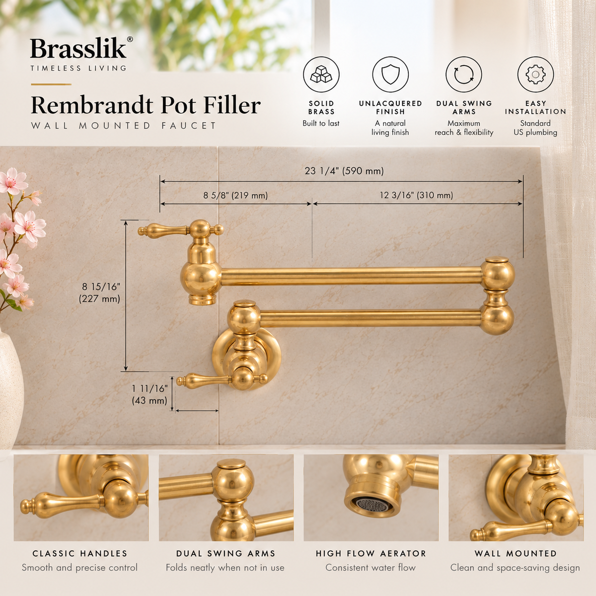 Ralph Brass Wall Mount Pot Filler -Unlacquered Brass
