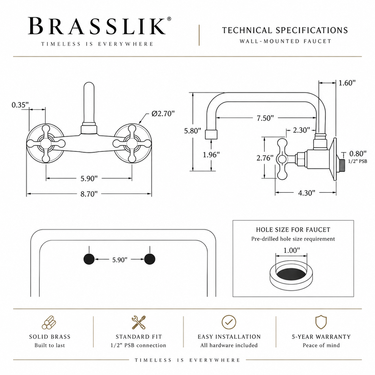 Brasslik Da Frico brass wall mount faucet for sinks