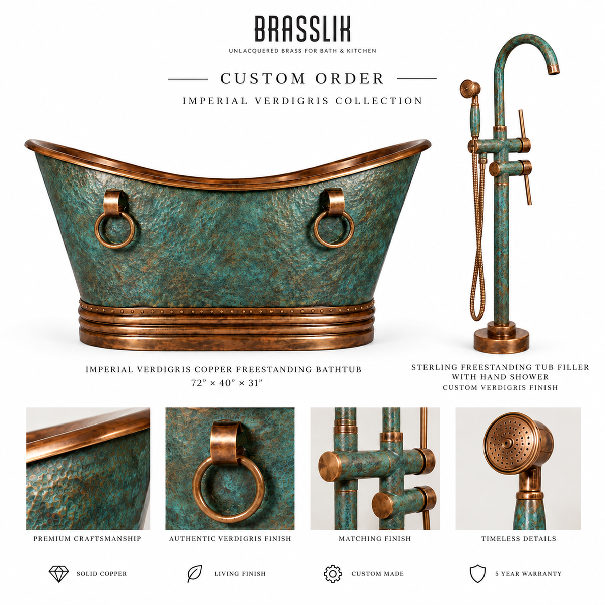 Custom Order – Imperial Verdigris Copper Freestanding Bathtub &amp; Matching Tub Filler