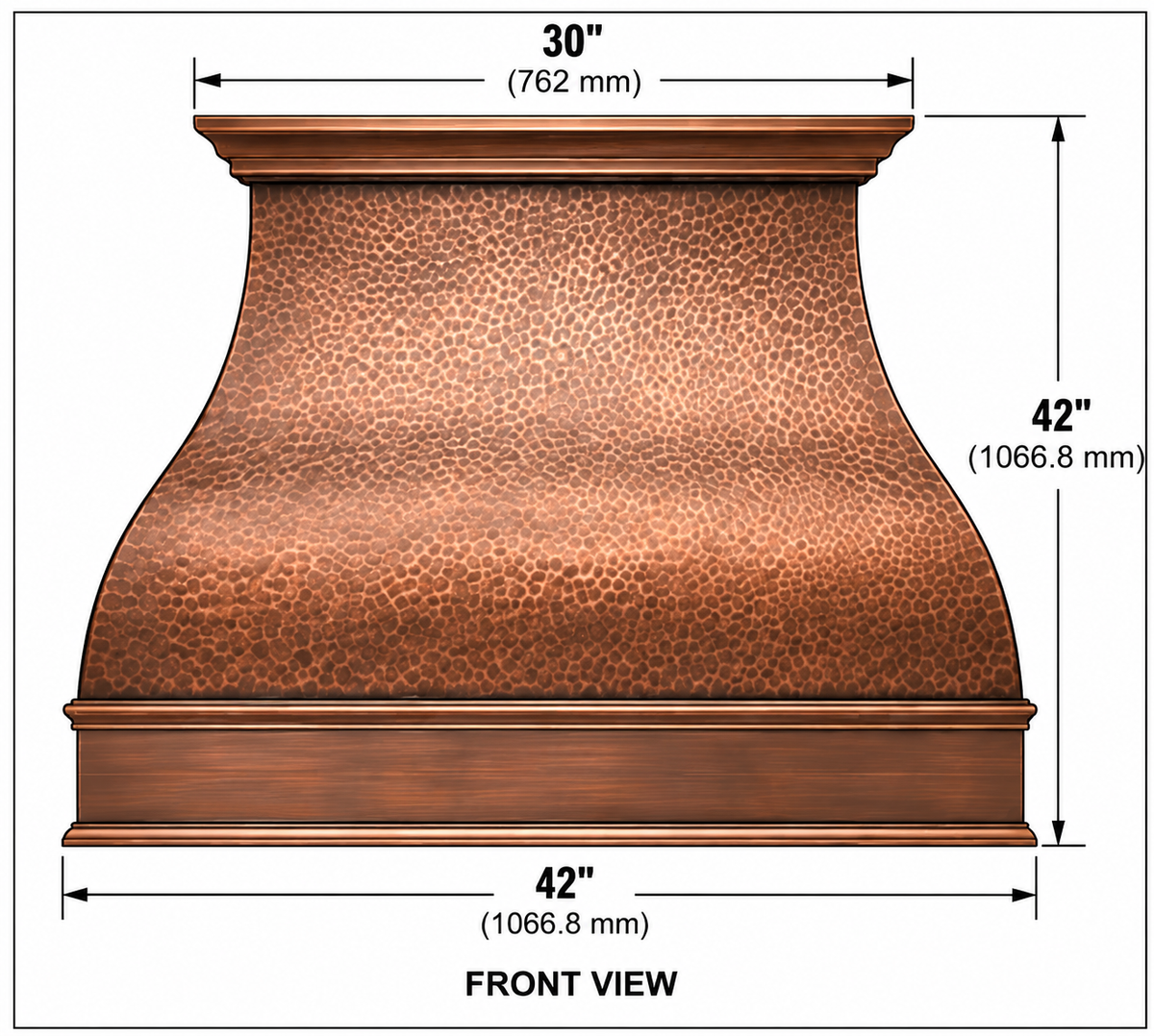 Custom hammered copper range hood made to the client’s requested dimensions