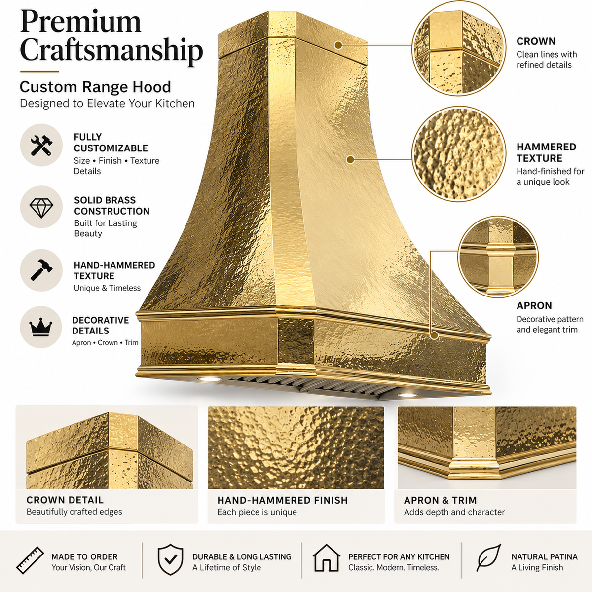 Classic unlacquered brass kitchen hood cover