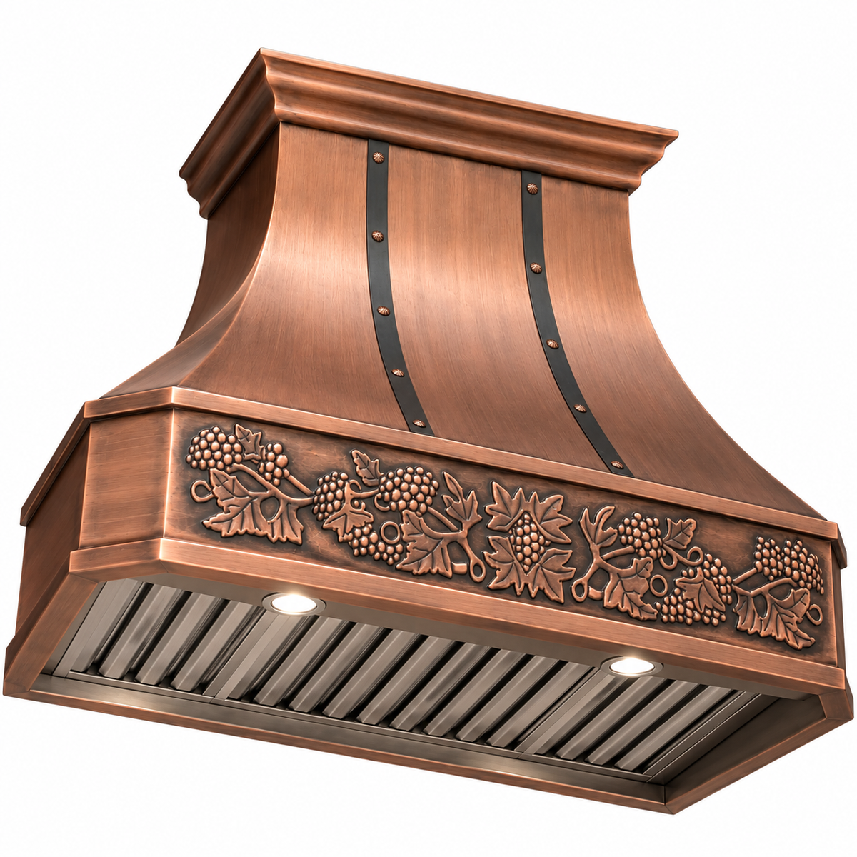 Copper range hood cover with warm antique patina