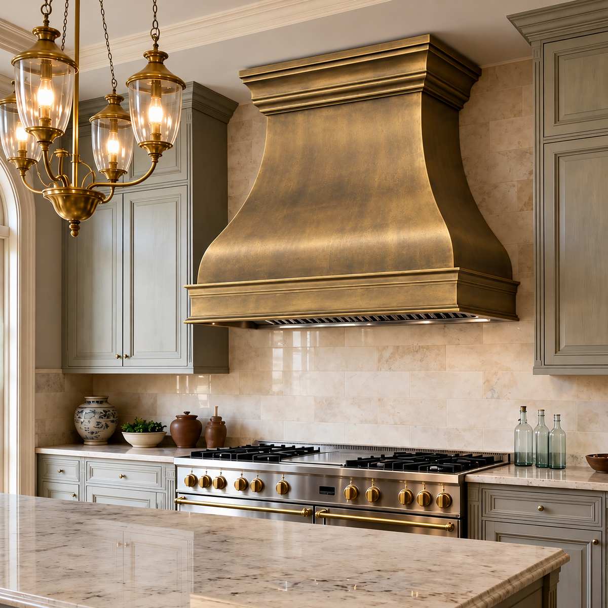 French Bell antique brass range hood cover
