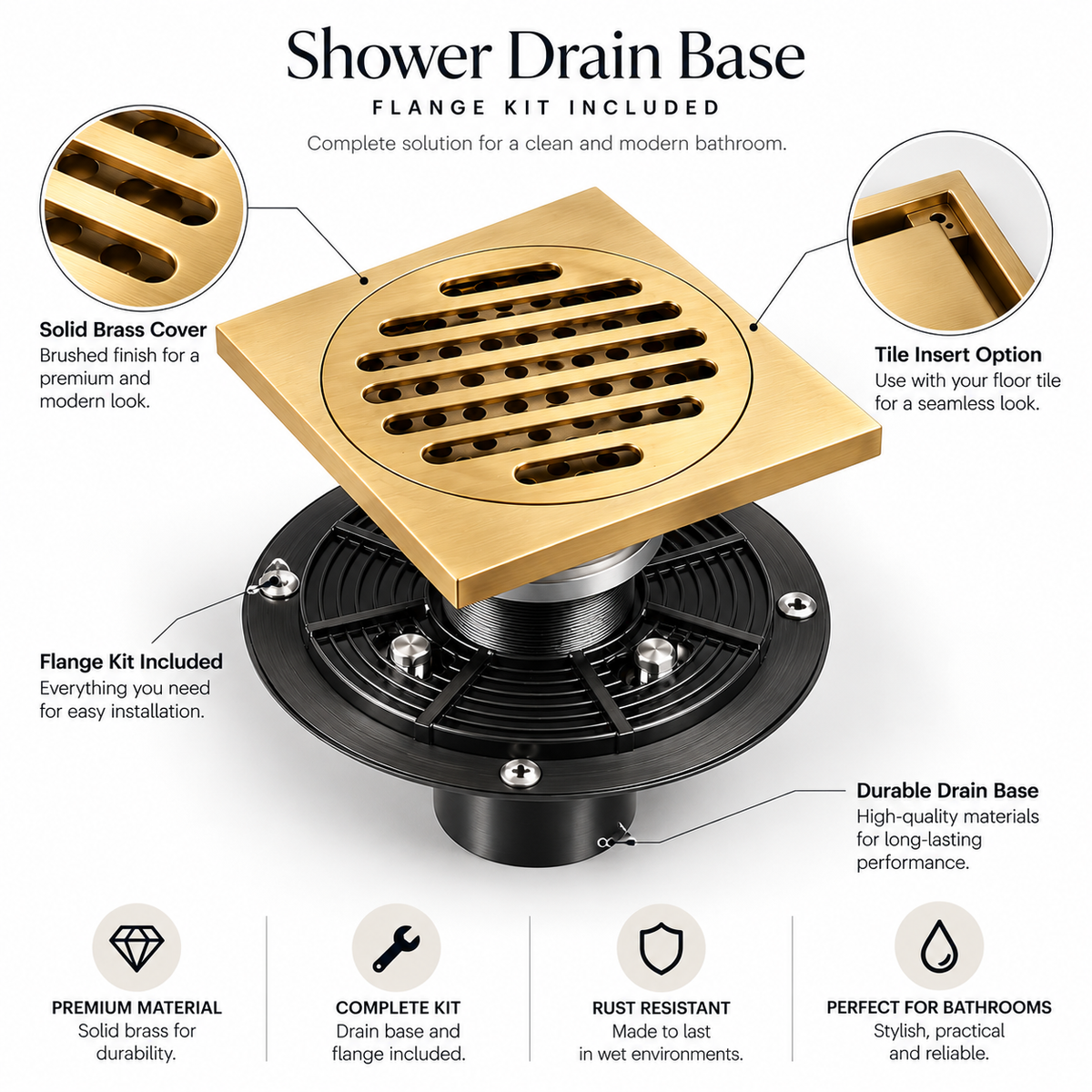 Classic Square Grid Shower Drain Assembly