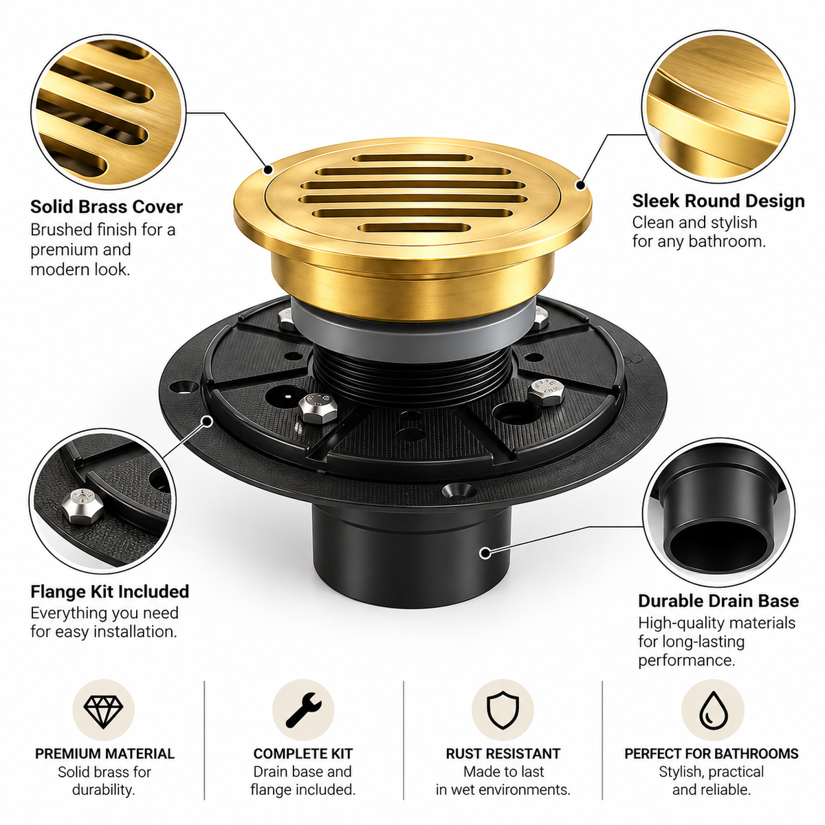 Round Shower Drain | Unlacquered Brass