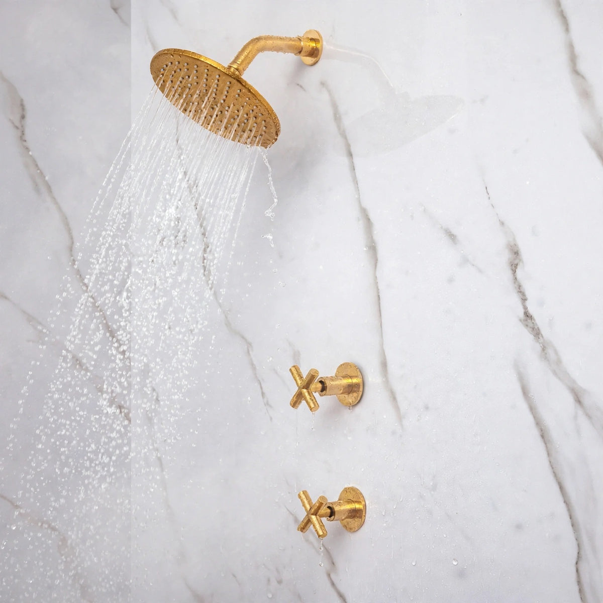 Unlacquered brass rainfall shower with hot and cold valve