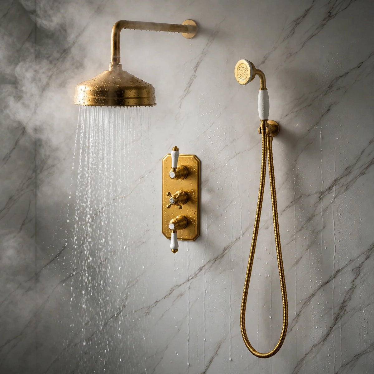 Nebraska thermostatic shower set in unlacquered brass with porcelain handles
