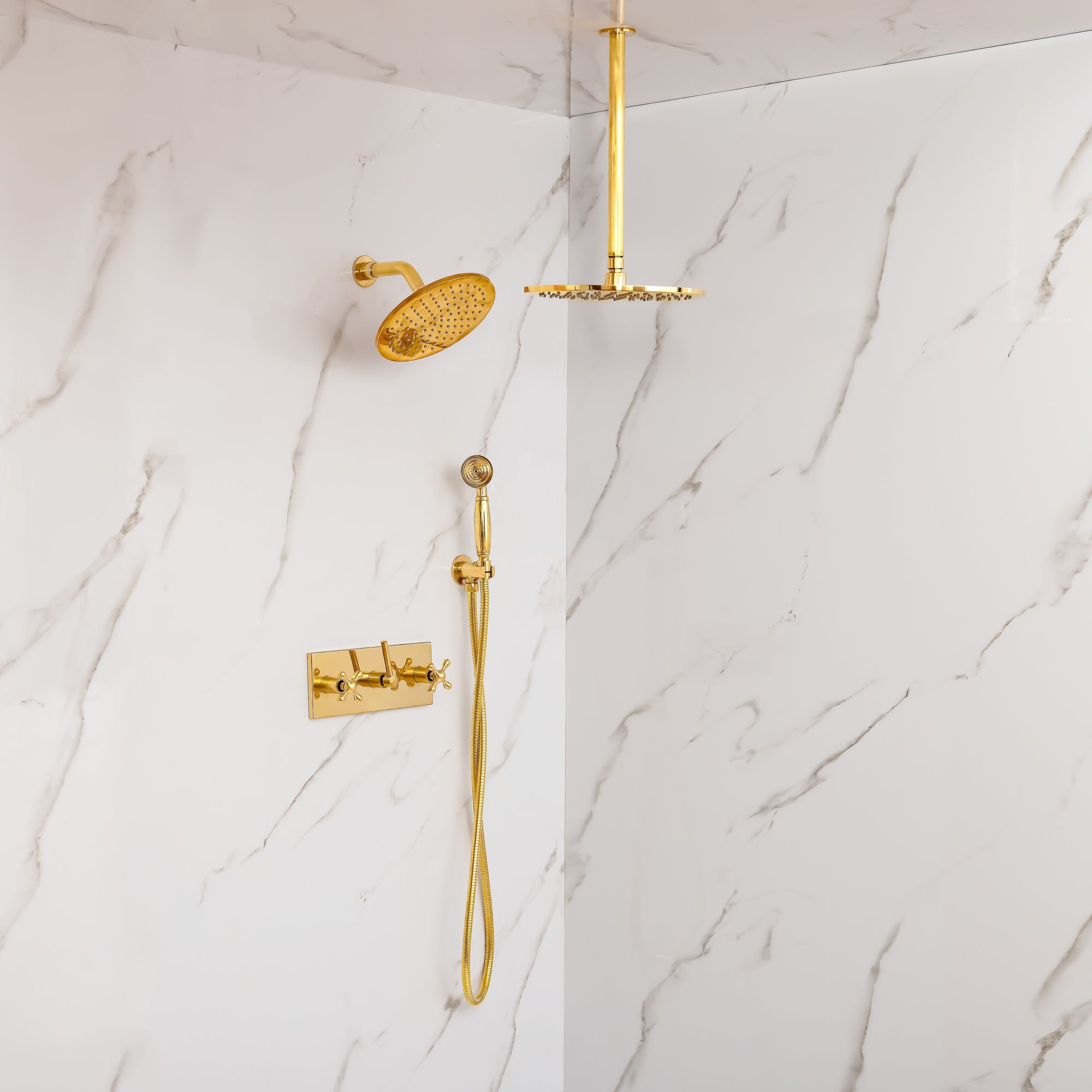 Unlacquered Brass Shower System – Dual Rain Shower with Ceiling Head &amp; Handheld Set