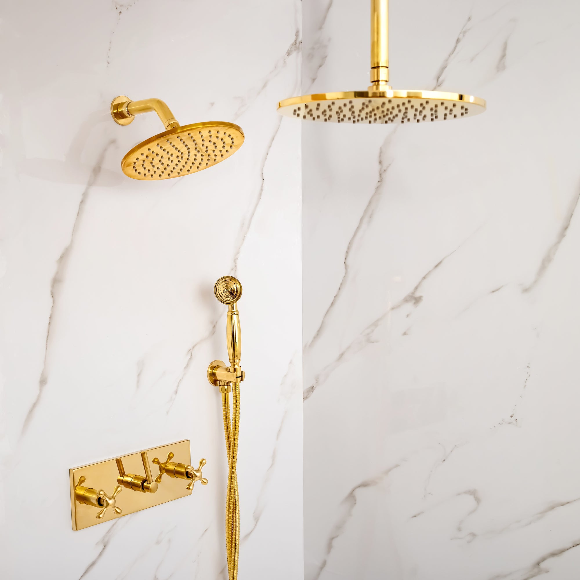 Unlacquered Brass Shower System – Dual Rain Shower with Ceiling Head &amp; Handheld Set
